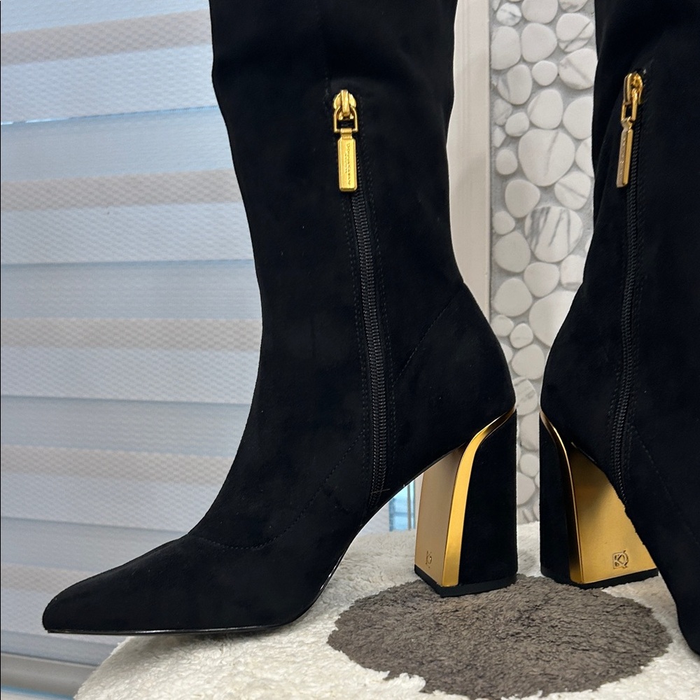 Donna Karan Black Suede Over-the-Knee Block Heel Boots with Gold Zip